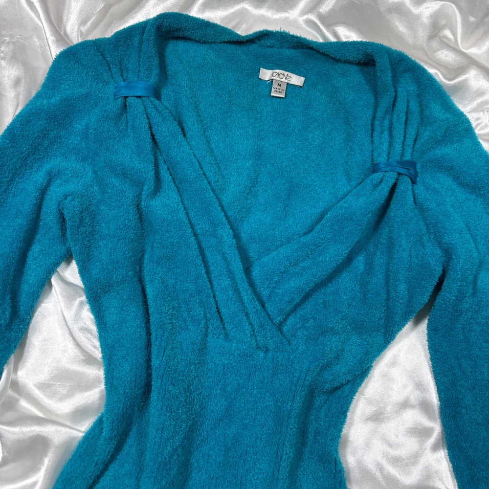 y2k Cache Sweater Teal Blue Excellent Fuzzy Chenille V-Neck Ribbed Waist Top M - Picture 3 of 5